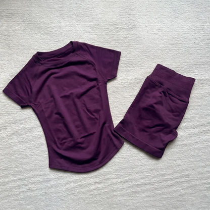 Gym Shirt Shorts 2-Piece Gym Set Women Seamless Raglan Sleeve Top And 4.5" Ribbed Waistband Shorts Fitness 2pcs Workout Set