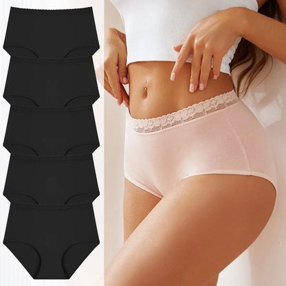 5PCS/Set Cotton Panties Women's High Waist Briefs Seamless Cozy Lingerie Lace Waist Sexy Panties Solid Color Intimate Underpants