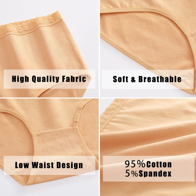 5PCS/Set Cotton Panties Women's High Waist Briefs Seamless Cozy Lingerie Lace Waist Sexy Panties Solid Color Intimate Underpants