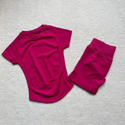 Gym Shirt Shorts 2-Piece Gym Set Women Seamless Raglan Sleeve Top And 4.5" Ribbed Waistband Shorts Fitness 2pcs Workout Set