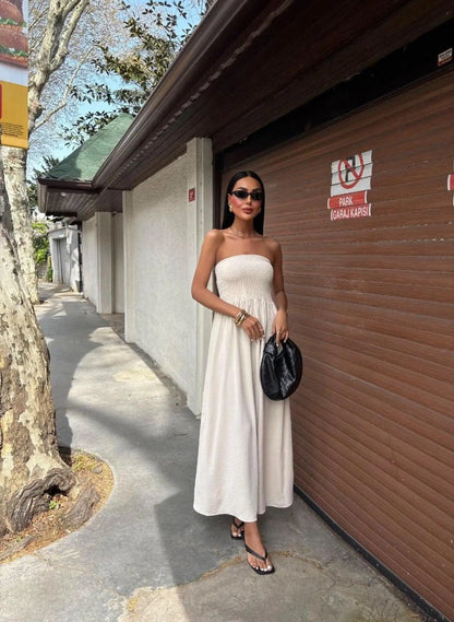 2026 New Summer Fashion Solid Color Off-Shoulder Strapless Waist-Cinching Long Dress for Women