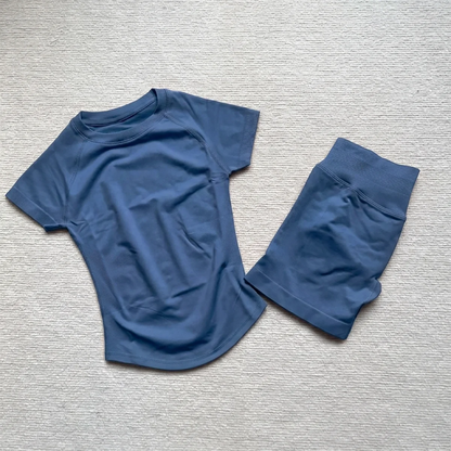 Gym Shirt Shorts 2-Piece Gym Set Women Seamless Raglan Sleeve Top And 4.5" Ribbed Waistband Shorts Fitness 2pcs Workout Set
