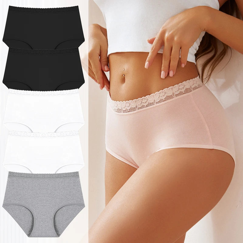 5PCS/Set Cotton Panties Women's High Waist Briefs Seamless Cozy Lingerie Lace Waist Sexy Panties Solid Color Intimate Underpants