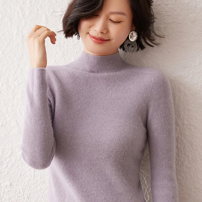 New Women's Sweater 100% Pure Cashmere High Neck Knitted Pullover Korean Version Slim Fit Hot Selling Fashionable Sweater