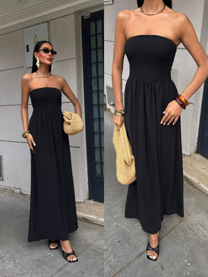 2026 New Summer Fashion Solid Color Off-Shoulder Strapless Waist-Cinching Long Dress for Women