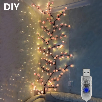 USB 5V 8 Modes Cherry Blossom String Light Artificial Flower Vines Fairy Lights for Bedroom Wedding Party Holiday Decoration