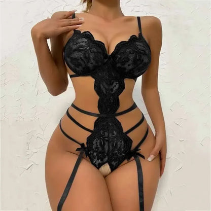 Women’s Sexy Lace Lingerie Set – Sheer Ruffle Bra & Strappy High-Waist Thong, Elegant Transparent Underwear