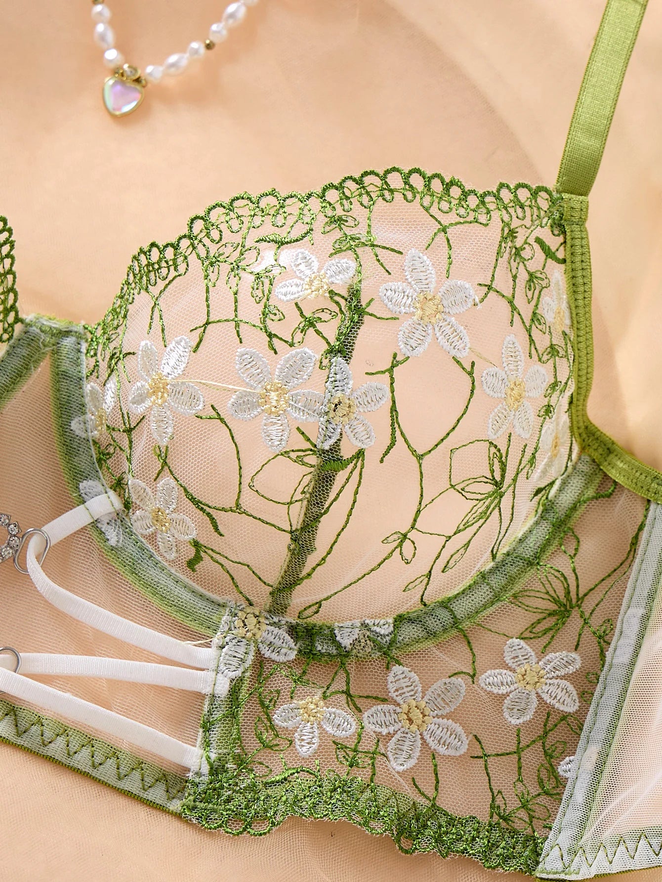 Green Daisy Floral Embroidery Sheer Mesh Lingerie Set Women Heart Rhinestone Cut Out Underwire Bra Matching Panty Intimates