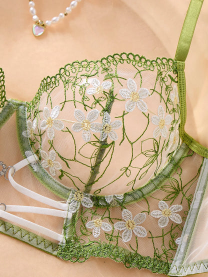 Green Daisy Floral Embroidery Sheer Mesh Lingerie Set Women Heart Rhinestone Cut Out Underwire Bra Matching Panty Intimates