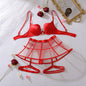2026 French Deep V Gathering Fishbone Skirt Support Hollow Perspective Mesh Body Shaping Sexy Underwear Three Piece Set
