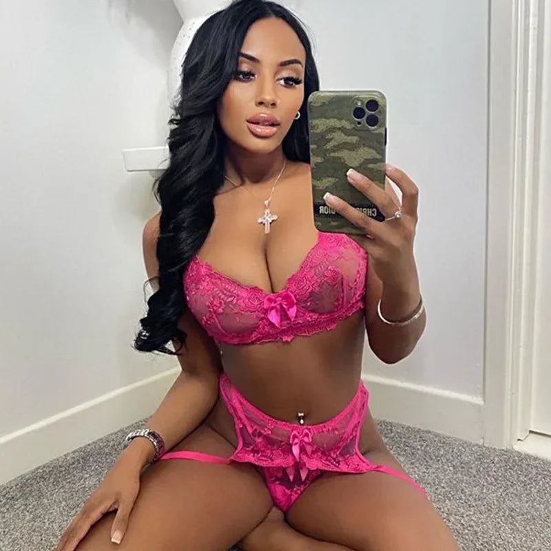Tornova 3 Piece Set Sexy Lingerie Lace Embroidered Eyelashes Perspective Underwired Push-up Bra See-through Women's Underwear