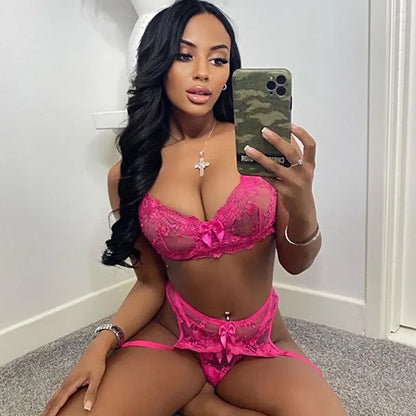 Tornova 3 Piece Set Sexy Lingerie Lace Embroidered Eyelashes Perspective Underwired Push-up Bra See-through Women's Underwear