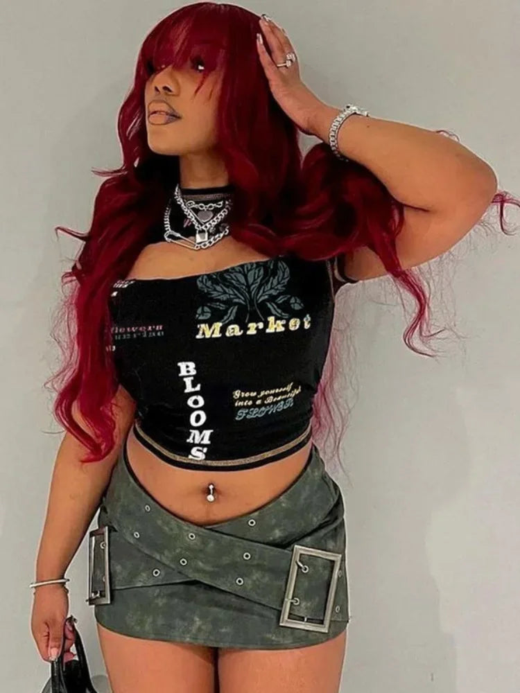 Hollow Out Crop Top Women Summer Aesthetic Clothes Printing Y2k Accessories O-Neck Ropa De Mujer Sexy Roupas Femininas Estilosas