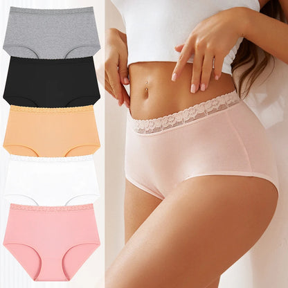 5PCS/Set Cotton Panties Women's High Waist Briefs Seamless Cozy Lingerie Lace Waist Sexy Panties Solid Color Intimate Underpants