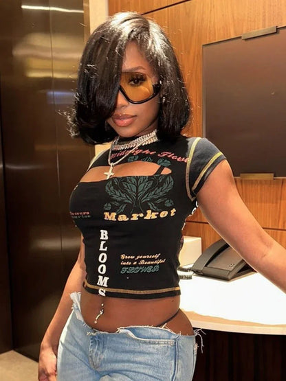 Hollow Out Crop Top Women Summer Aesthetic Clothes Printing Y2k Accessories O-Neck Ropa De Mujer Sexy Roupas Femininas Estilosas