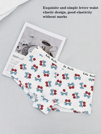 Random color 3 cute fruit pattern cherry print comfortable and breathable casual underwear for women, boxer pants