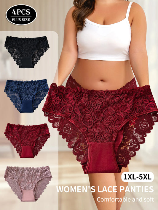 4PCS Plus-Size Women's Panties Sexy Elegant Lace Floral Patchwork Underpants Underwear Solid Color Mid-Rise Briefs Lingerie