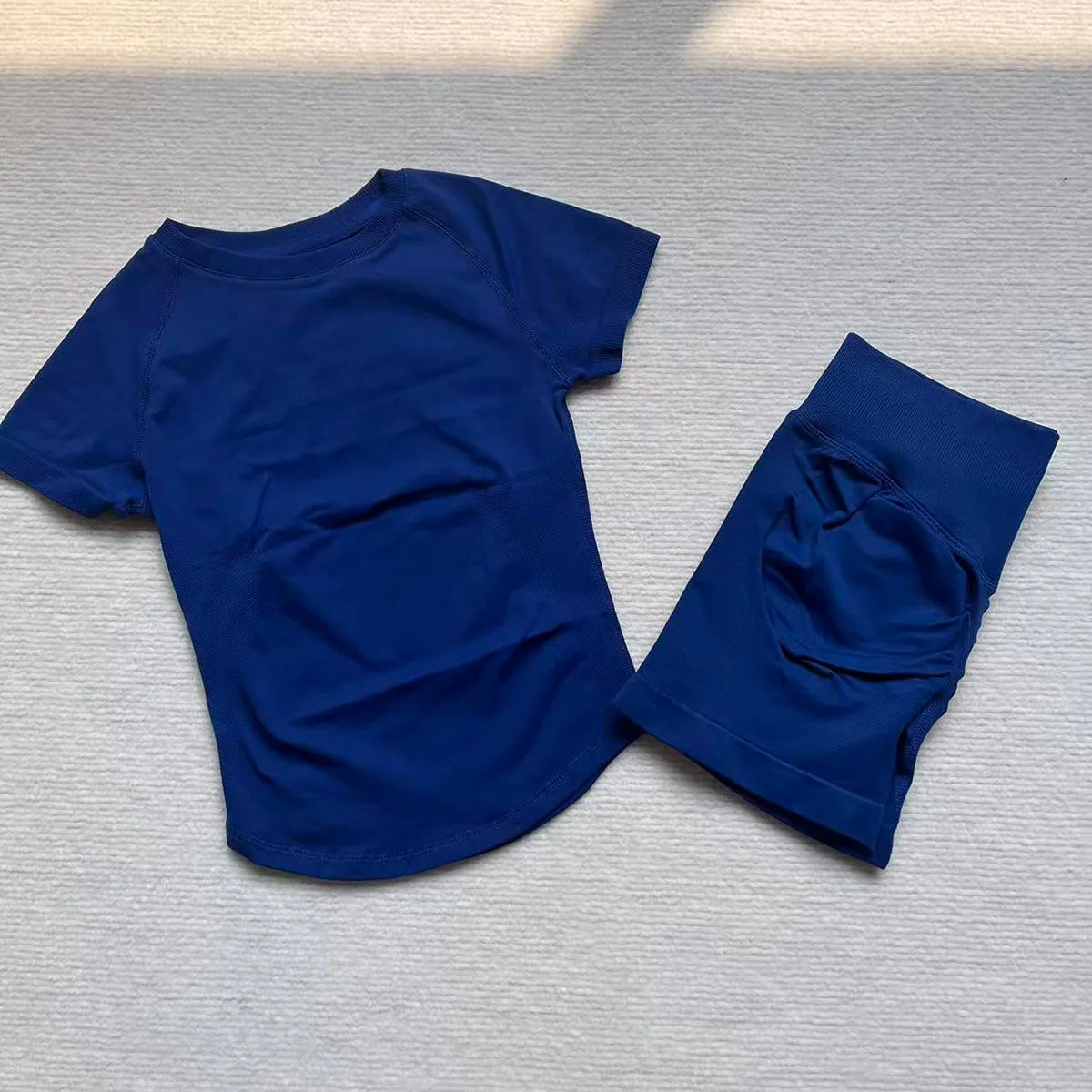 Gym Shirt Shorts 2-Piece Gym Set Women Seamless Raglan Sleeve Top And 4.5" Ribbed Waistband Shorts Fitness 2pcs Workout Set