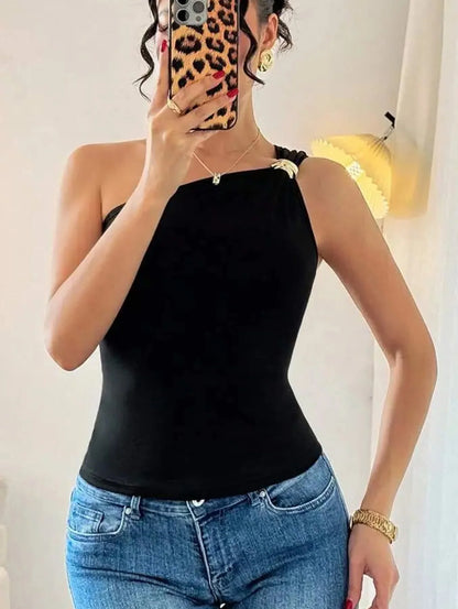 Ladies Black Single Shoulder Elastic Knitted Top with Gold Details Trendy Tight Fit Sexy Party Shirt for Night out