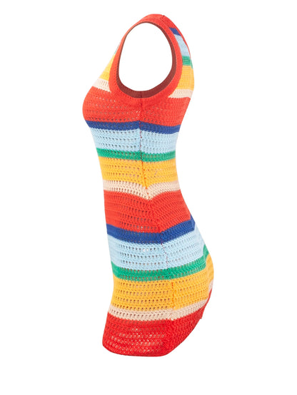Women Panelled Striped Knitted Hollow Out Mini Dress Casual Tank Sleeveless Bodycon Hot Girl Streetwear Outfit
