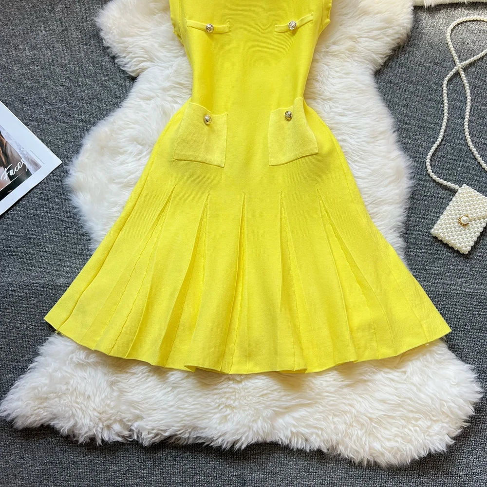 YuooMuoo Chic Fashion 2026 Summer Pleated Short Dress Women O-neck Slim Waist A-line Party Dress Streetwear Lady Outfits Vestido