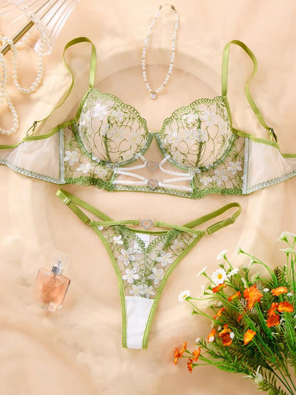Green Daisy Floral Embroidery Sheer Mesh Lingerie Set Women Heart Rhinestone Cut Out Underwire Bra Matching Panty Intimates