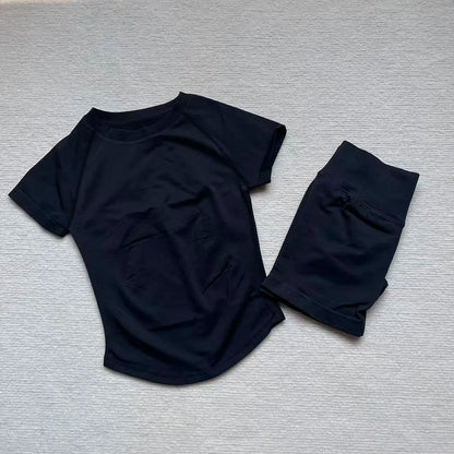Gym Shirt Shorts 2-Piece Gym Set Women Seamless Raglan Sleeve Top And 4.5" Ribbed Waistband Shorts Fitness 2pcs Workout Set