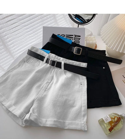 Korean Summer Wide Leg High Waist Denim Shorts With Belt Women Fashion Pocket Hot Pants Streetwear Casual Cowboy Jeans Shorts