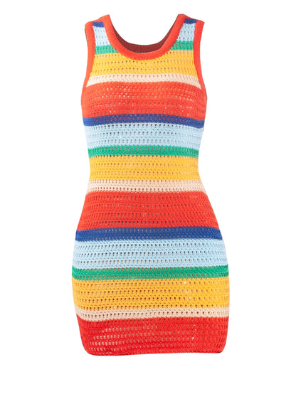 Women Panelled Striped Knitted Hollow Out Mini Dress Casual Tank Sleeveless Bodycon Hot Girl Streetwear Outfit