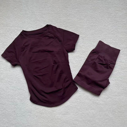 Gym Shirt Shorts 2-Piece Gym Set Women Seamless Raglan Sleeve Top And 4.5" Ribbed Waistband Shorts Fitness 2pcs Workout Set