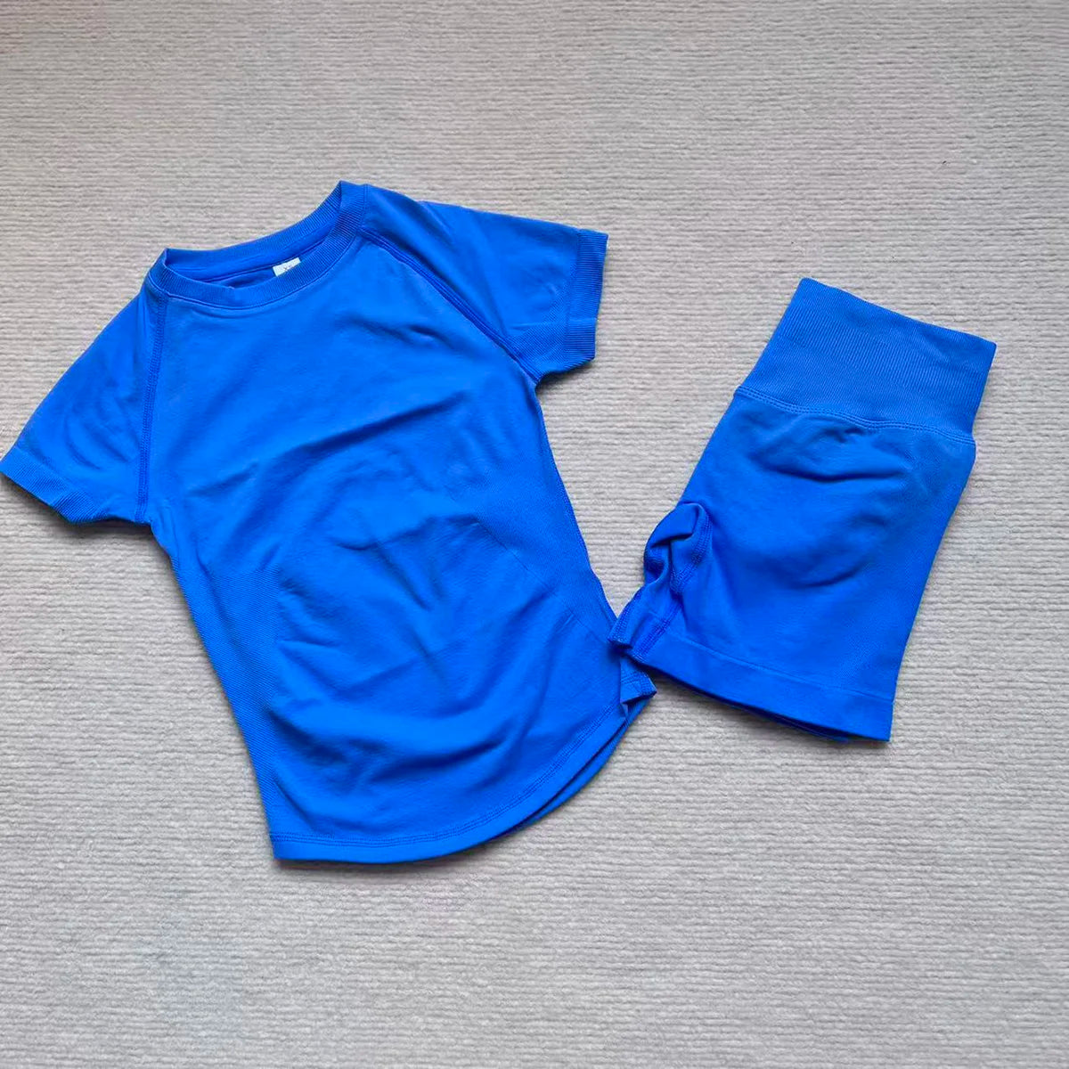 Gym Shirt Shorts 2-Piece Gym Set Women Seamless Raglan Sleeve Top And 4.5" Ribbed Waistband Shorts Fitness 2pcs Workout Set