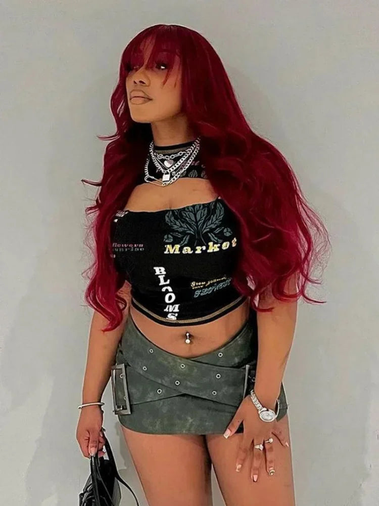 Hollow Out Crop Top Women Summer Aesthetic Clothes Printing Y2k Accessories O-Neck Ropa De Mujer Sexy Roupas Femininas Estilosas