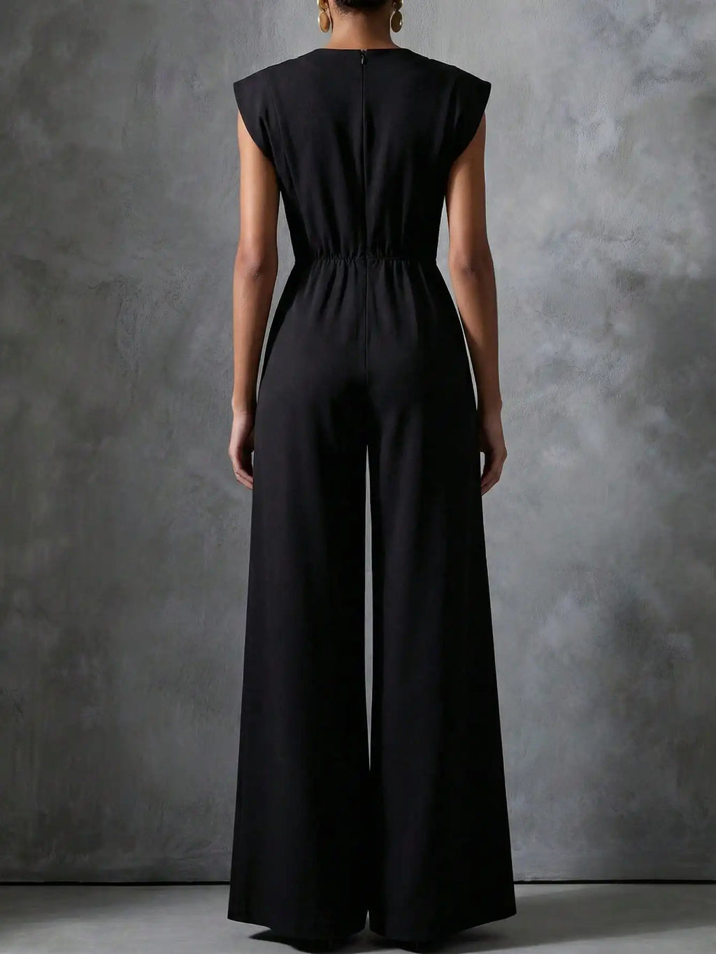 Women's Jumpsuits & Rompers, Black Sleeveless Wide Leg with Decorative Buttons, Tailored Formal Evening Outfit