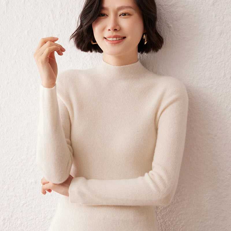 New Women's Sweater 100% Pure Cashmere High Neck Knitted Pullover Korean Version Slim Fit Hot Selling Fashionable Sweater