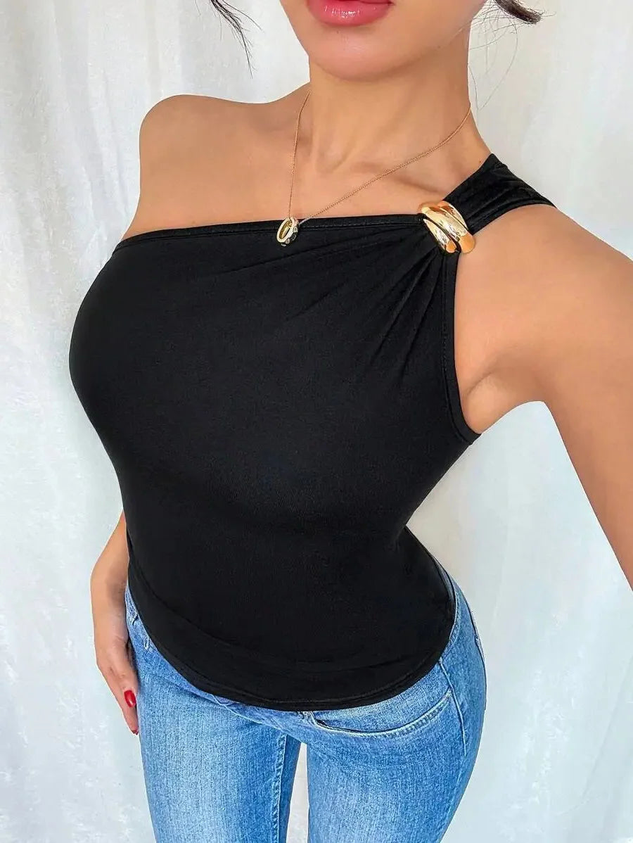 Ladies Black Single Shoulder Elastic Knitted Top with Gold Details Trendy Tight Fit Sexy Party Shirt for Night out