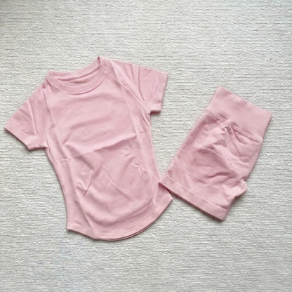 Gym Shirt Shorts 2-Piece Gym Set Women Seamless Raglan Sleeve Top And 4.5" Ribbed Waistband Shorts Fitness 2pcs Workout Set