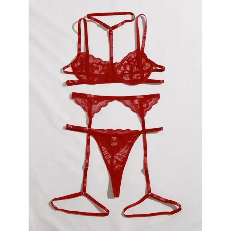 Women's Sexy Lingerie Set Floral Lace Underwear Suit For Women Mesh Hollow Out Bra Suits Female Bra Thongs Three-piece Lingerie
