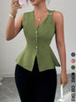 Ladies Solid Color V-Neck Sleeveless Open Front Slim Fit Shirt with Metal Button Decoration Single Piece
