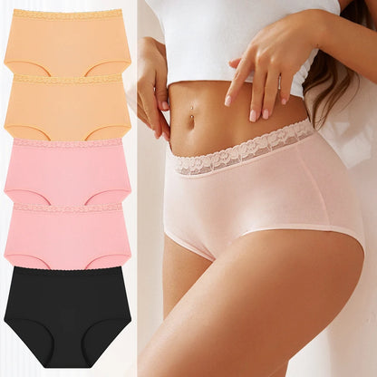 5PCS/Set Cotton Panties Women's High Waist Briefs Seamless Cozy Lingerie Lace Waist Sexy Panties Solid Color Intimate Underpants