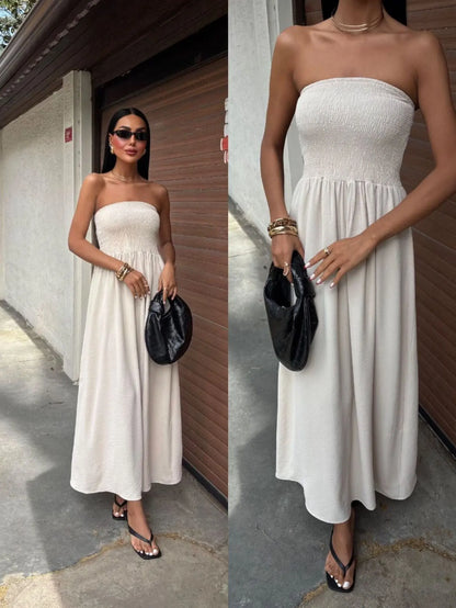 2026 New Summer Fashion Solid Color Off-Shoulder Strapless Waist-Cinching Long Dress for Women