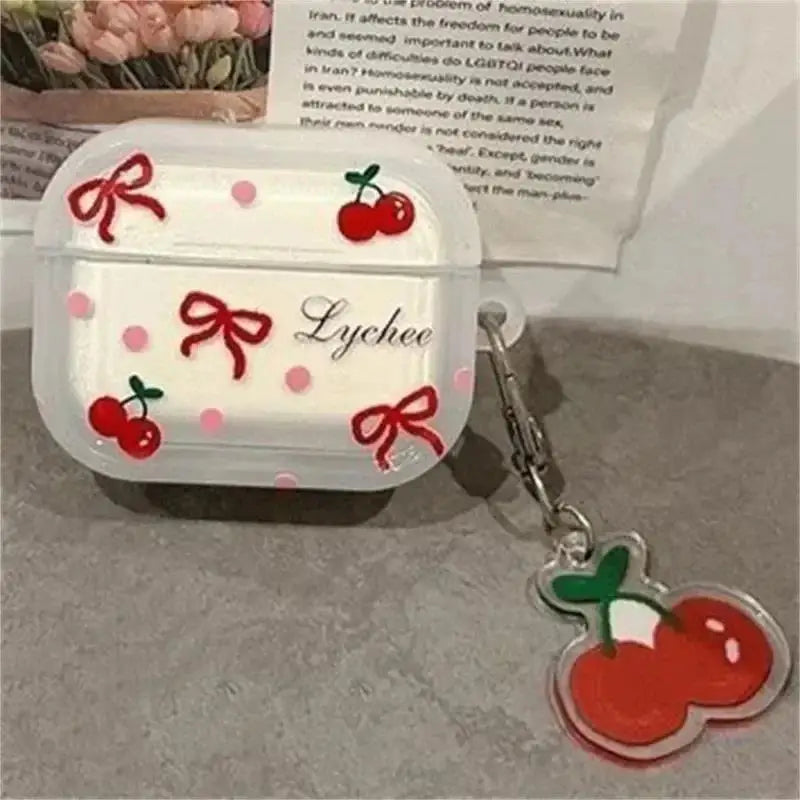Korean Cute Bow Cherry Earphone Case For Apple AirPods Pro 2 1 Case With Cherry Pendant Silicone Protective Case For Airpods 4 3