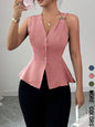 Ladies Solid Color V-Neck Sleeveless Open Front Slim Fit Shirt with Metal Button Decoration Single Piece