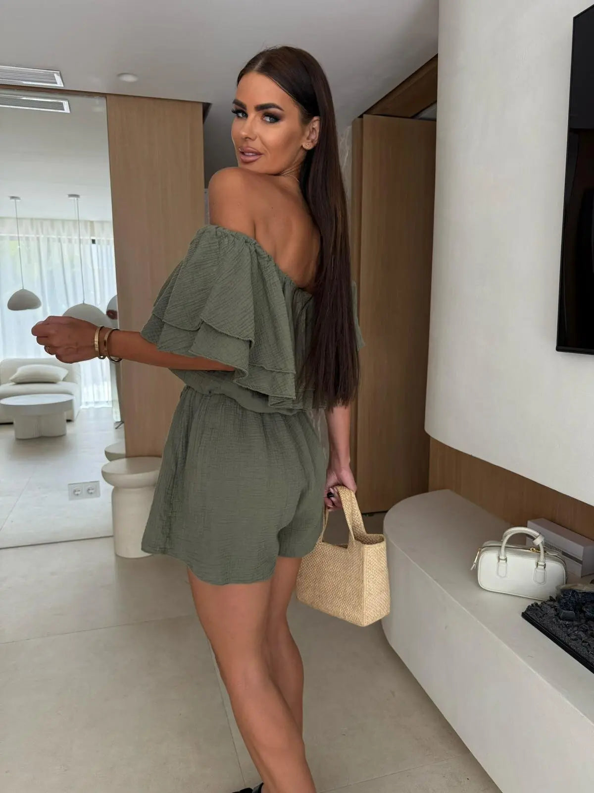 Chic Off The Shoulder Double Layer Ruffled Short Sleeve Romper With Elastic High Waist And Loose Fit Shorts Ideal For Summer Cas
