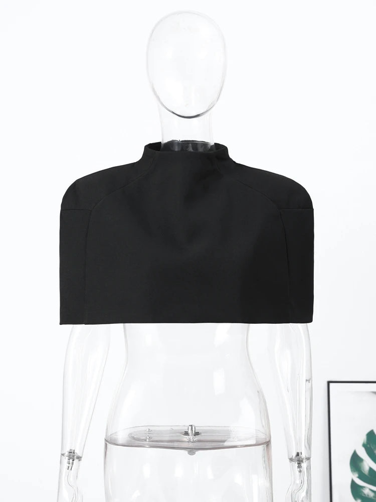 Elegant Women Shawl Cropped Top Shoulder Pads Stand Collar Short Sleeve Black Female T-shirt 2026 Spring Summer Lady Partywear
