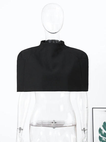 Elegant Women Shawl Cropped Top Shoulder Pads Stand Collar Short Sleeve Black Female T-shirt 2026 Spring Summer Lady Partywear