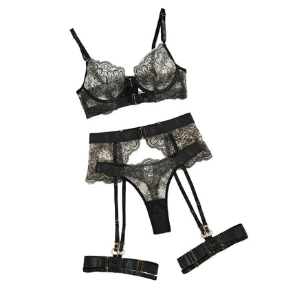 Sexy Underwired 3 Piece Lingerie Set, Floral Embroidery Sheer Cutout Garter Belt with Metal Buckles, Plus Size Available Women's