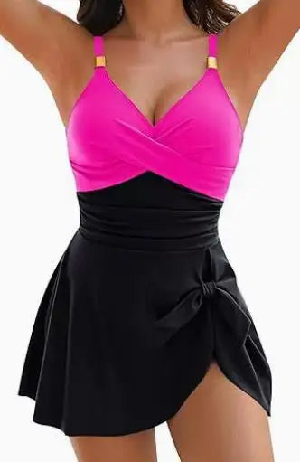8 Colors Cute Women Swimdress Tummy Control Sexy One Piece Slim & Comfortable Ruched & Cross Swimwear Elastic Beachwear 2025 New