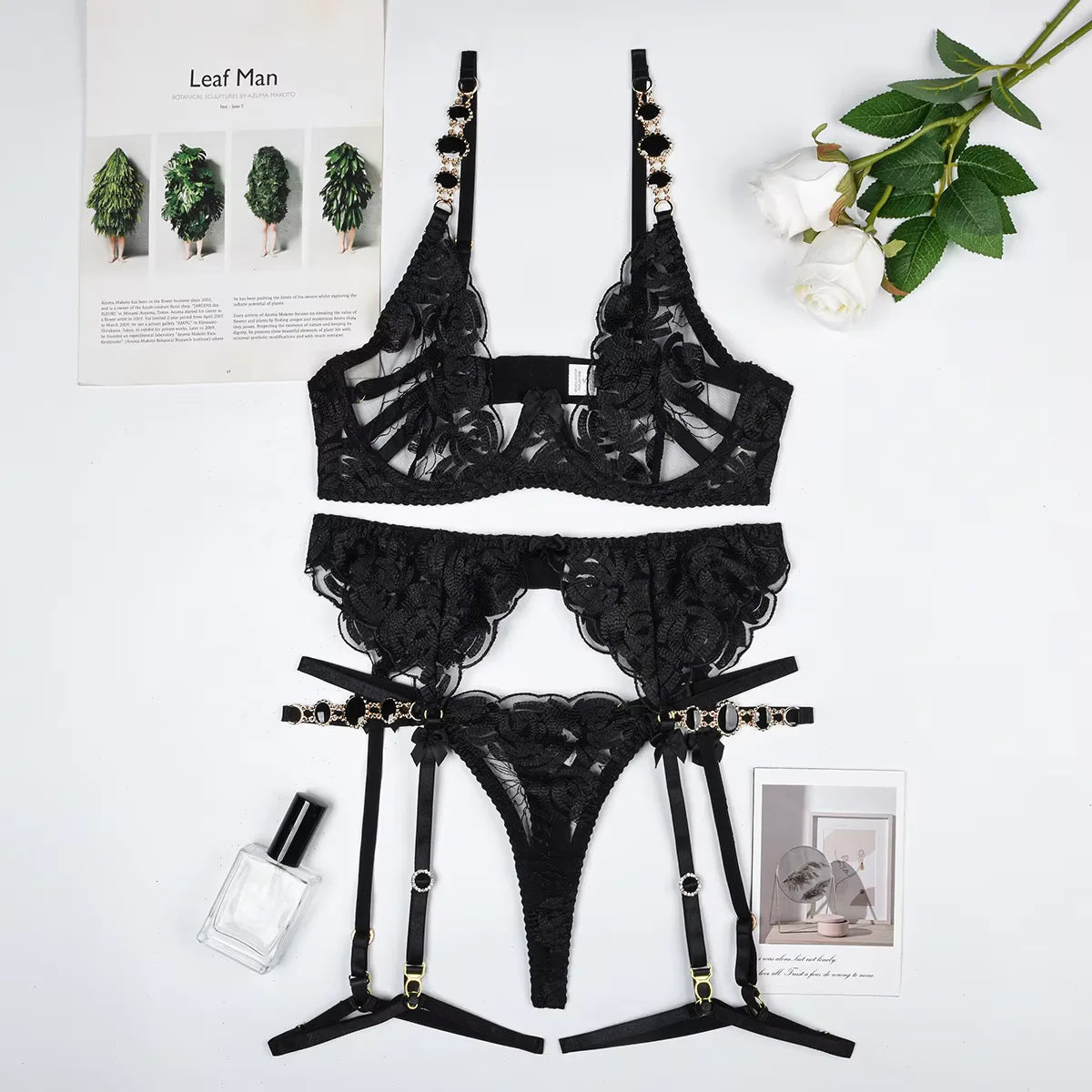 Fancy Lingerie Luxury Jewel Shoulder Strap Underwear 3-Piece Garter Set Sexy Erotic Transparent Floral Lace Intimate Hot