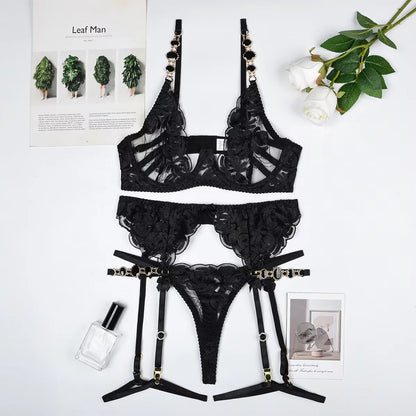 Fancy Lingerie Luxury Jewel Shoulder Strap Underwear 3-Piece Garter Set Sexy Erotic Transparent Floral Lace Intimate Hot