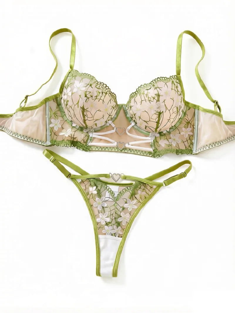 Green Daisy Floral Embroidery Sheer Mesh Lingerie Set Women Heart Rhinestone Cut Out Underwire Bra Matching Panty Intimates